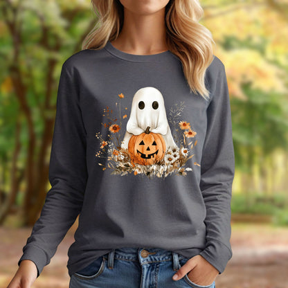 Charcoal long-sleeve tee with a boho ghost holding a pumpkin, surrounded by earthy florals.