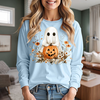 Light blue long sleeve tee with a boho ghost holding a pumpkin, surrounded by earthy florals.