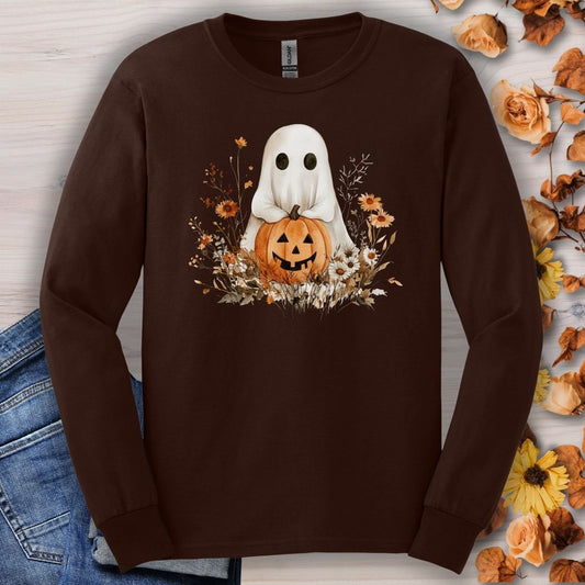 Dark chocolate long sleeve tee with a boho ghost, pumpkin, and floral design.