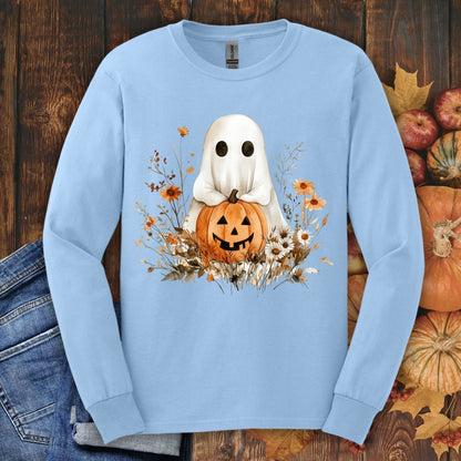 Light blue long-sleeve tee with a boho ghost holding a pumpkin, surrounded by fall florals.