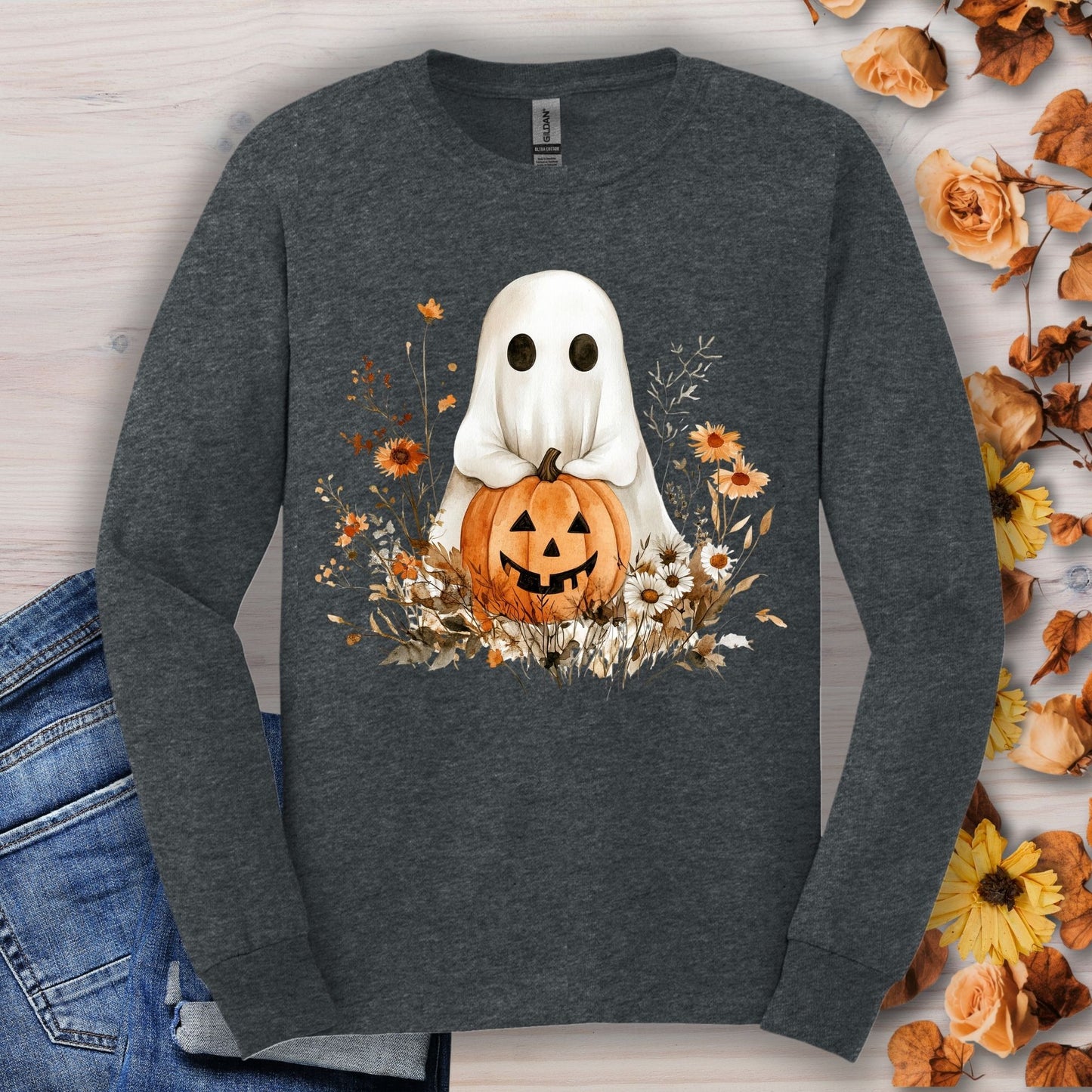 Dark heather long sleeve tee with a boho ghost holding a pumpkin, surrounded by earthy florals.