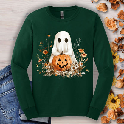 Forest green long sleeve tee with a boho ghost holding a pumpkin, surrounded by earthy florals.