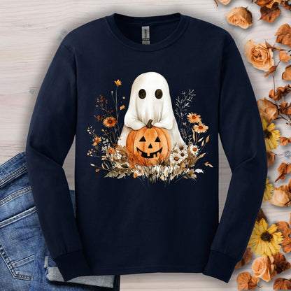 Navy long sleeve tee with a boho ghost holding a pumpkin surrounded by earthy florals.