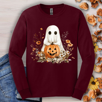 Maroon long sleeve tee with a boho ghost holding a pumpkin surrounded by fall florals.