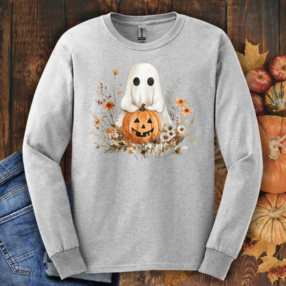 Ash gray long sleeve tee with a boho ghost and pumpkin design surrounded by earthy florals.