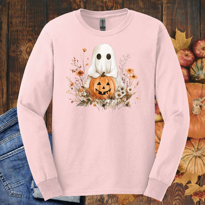 Light pink long sleeve tee with a boho ghost holding a pumpkin and delicate florals.