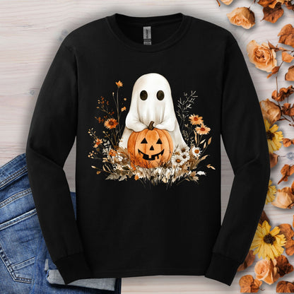 Black long sleeve tee with a boho ghost holding a pumpkin, surrounded by earthy florals.