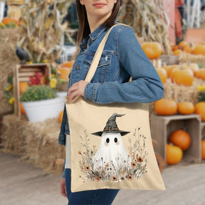 Halloween Boho Ghost Witch Canvas Tote Bag