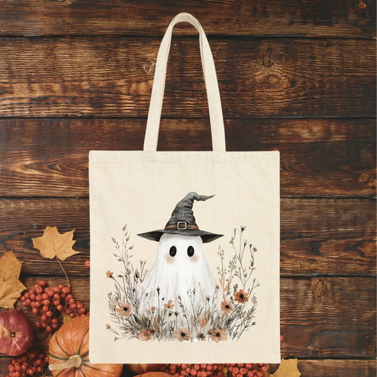 Halloween Boho Ghost Witch Canvas Tote Bag