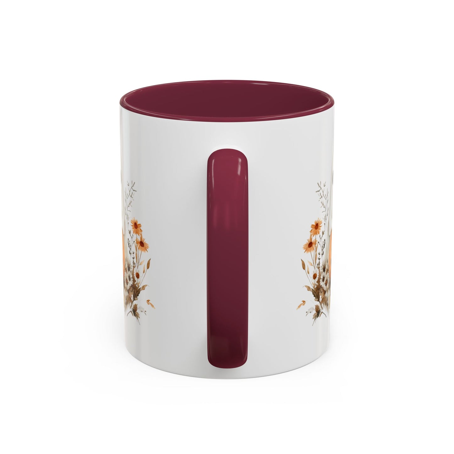 White ceramic mug with a deep red handle and interior, featuring a watercolor ghost and jack-o'-lantern design.
