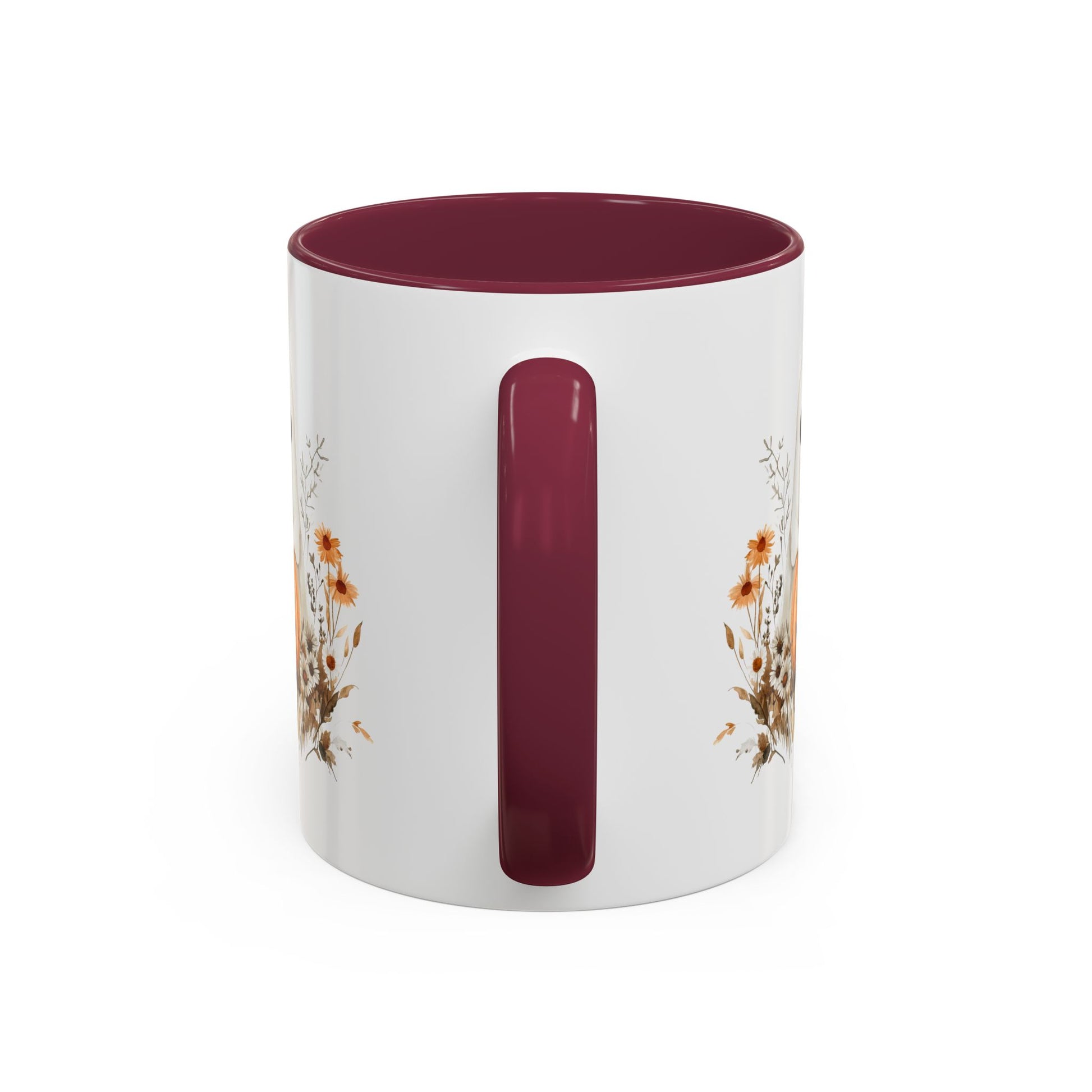 White ceramic mug with a deep red handle and interior, featuring a watercolor ghost and jack-o'-lantern design.