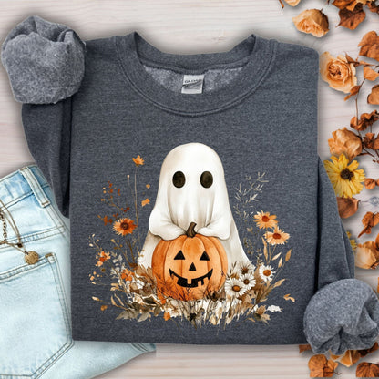 Dark heather Halloween boho ghost sweatshirt with jack o'lantern and autumn wildflowers.