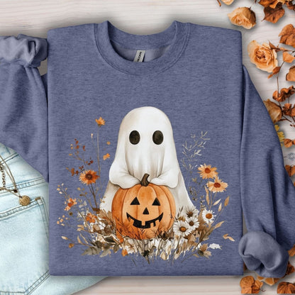 Heather Sport Dark Navy sweatshirt with a cute boho ghost holding a jack o'lantern, surrounded by autumn wildflowers.