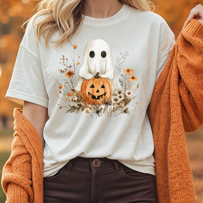 Boho ghost with jack o'lantern and autumn florals on a relaxed-fit, garment-dyed white cotton t-shirt.