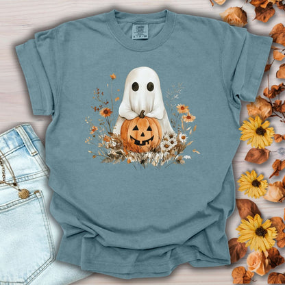 Ice Blue Halloween Boho Ghost T-Shirt with Jack O'Lantern, pumpkins, and autumn florals, made from 100% cotton.