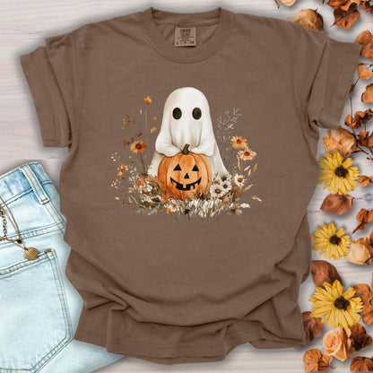 Espresso cotton t-shirt with a boho ghost holding a jack-o'-lantern, surrounded by autumn florals.