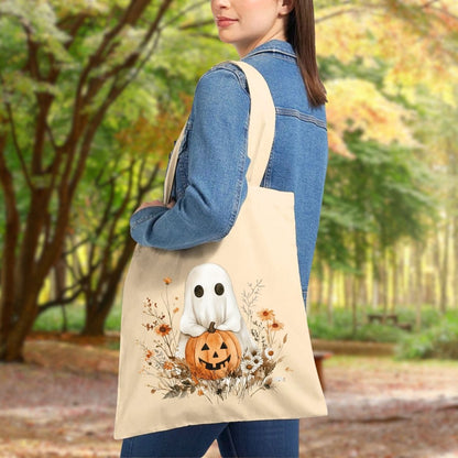 Halloween Ghost & Jack-O’-Lantern Cotton Tote Bag