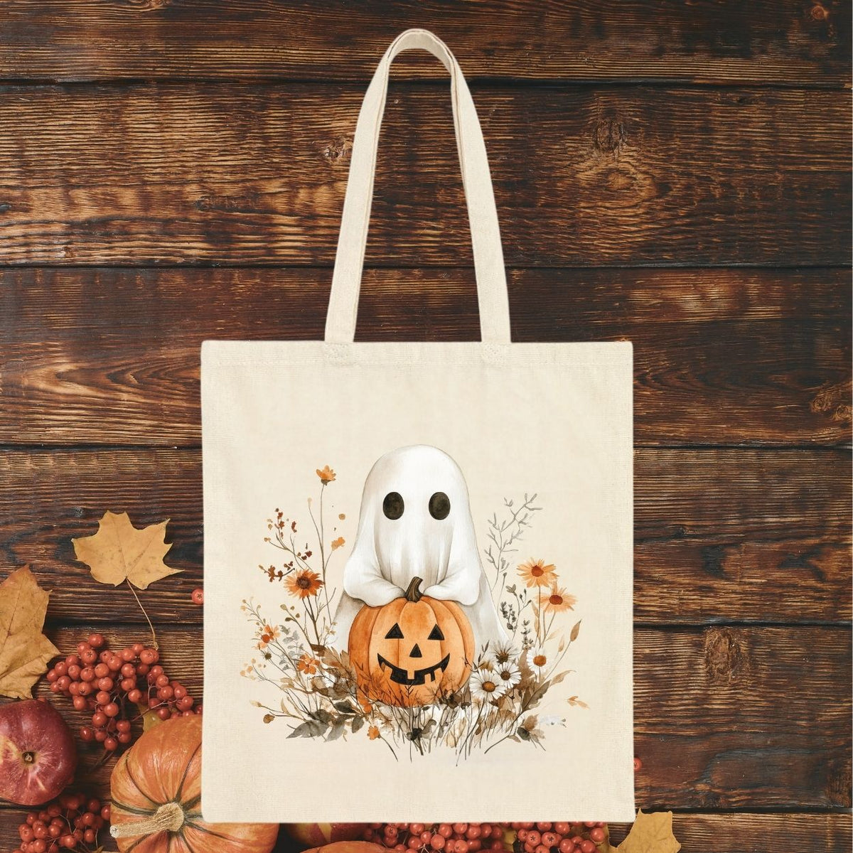 Halloween Ghost & Jack-O’-Lantern Cotton Tote Bag