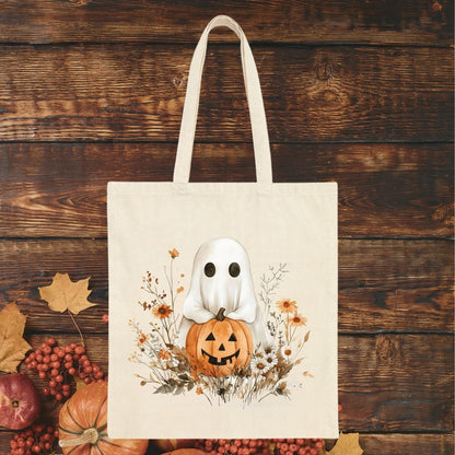 Halloween Ghost & Jack-O’-Lantern Cotton Tote Bag