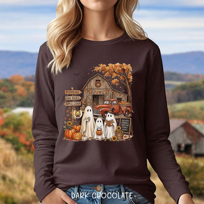 Halloween Ghosts and Pumpkin Patch Long Sleeve Tee