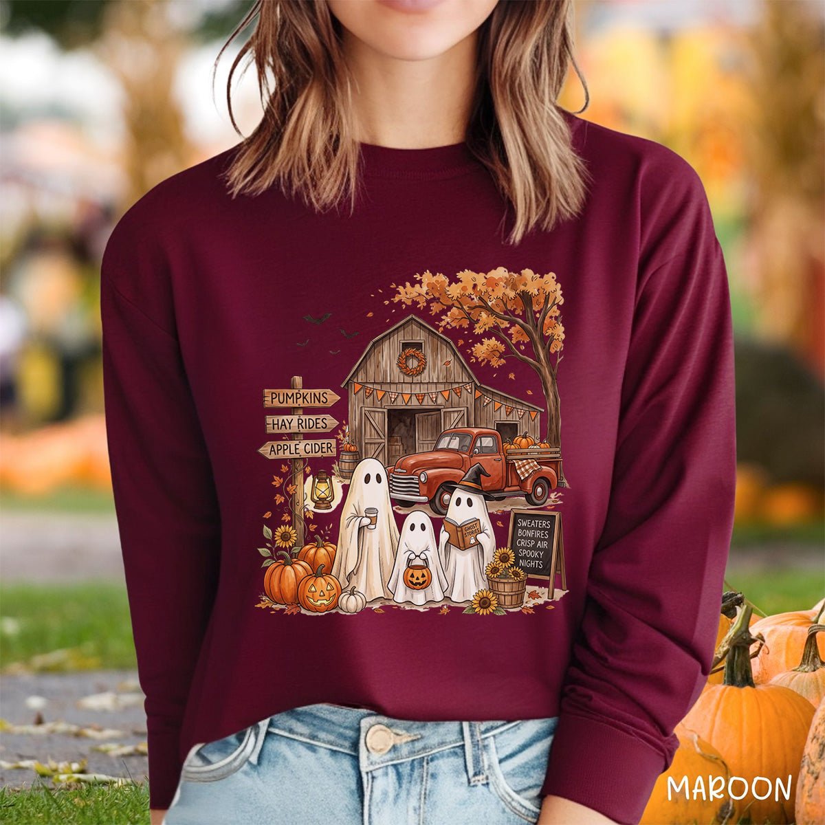 Halloween Ghosts and Pumpkin Patch Long Sleeve Tee