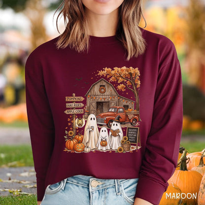 Halloween Ghosts and Pumpkin Patch Long Sleeve Tee