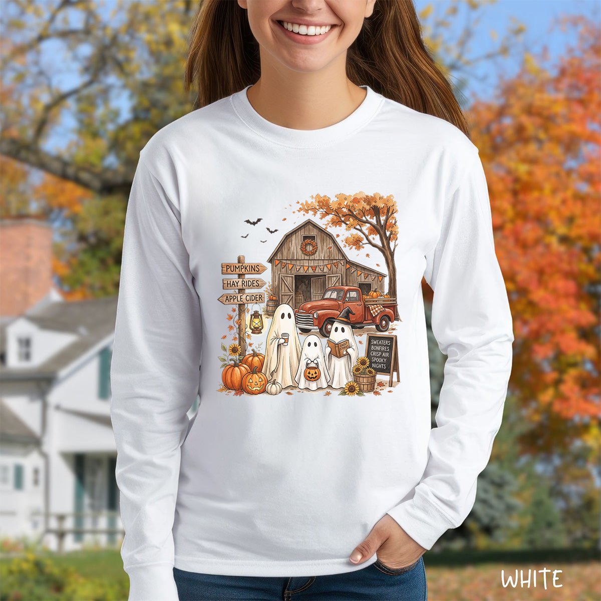 Halloween Ghosts and Pumpkin Patch Long Sleeve Tee