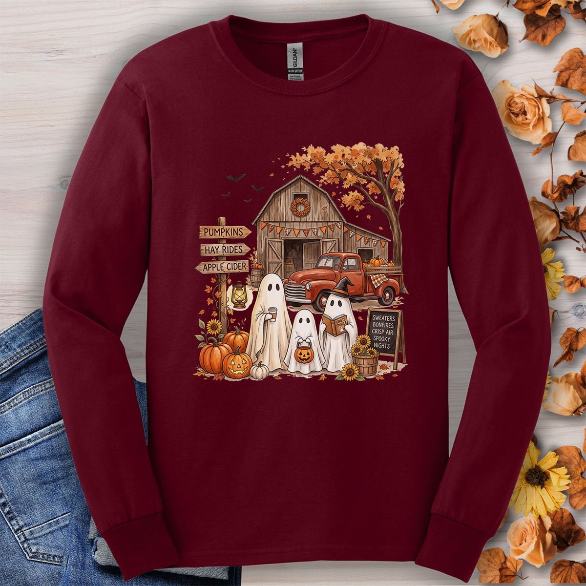 Halloween Ghosts and Pumpkin Patch Long Sleeve Tee