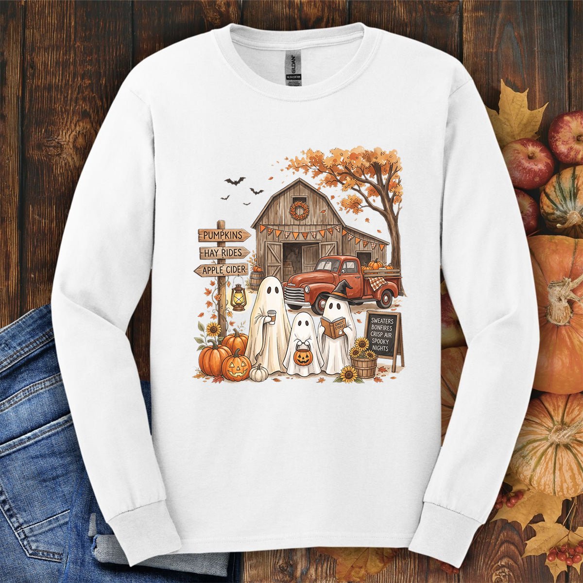 Halloween Ghosts and Pumpkin Patch Long Sleeve Tee