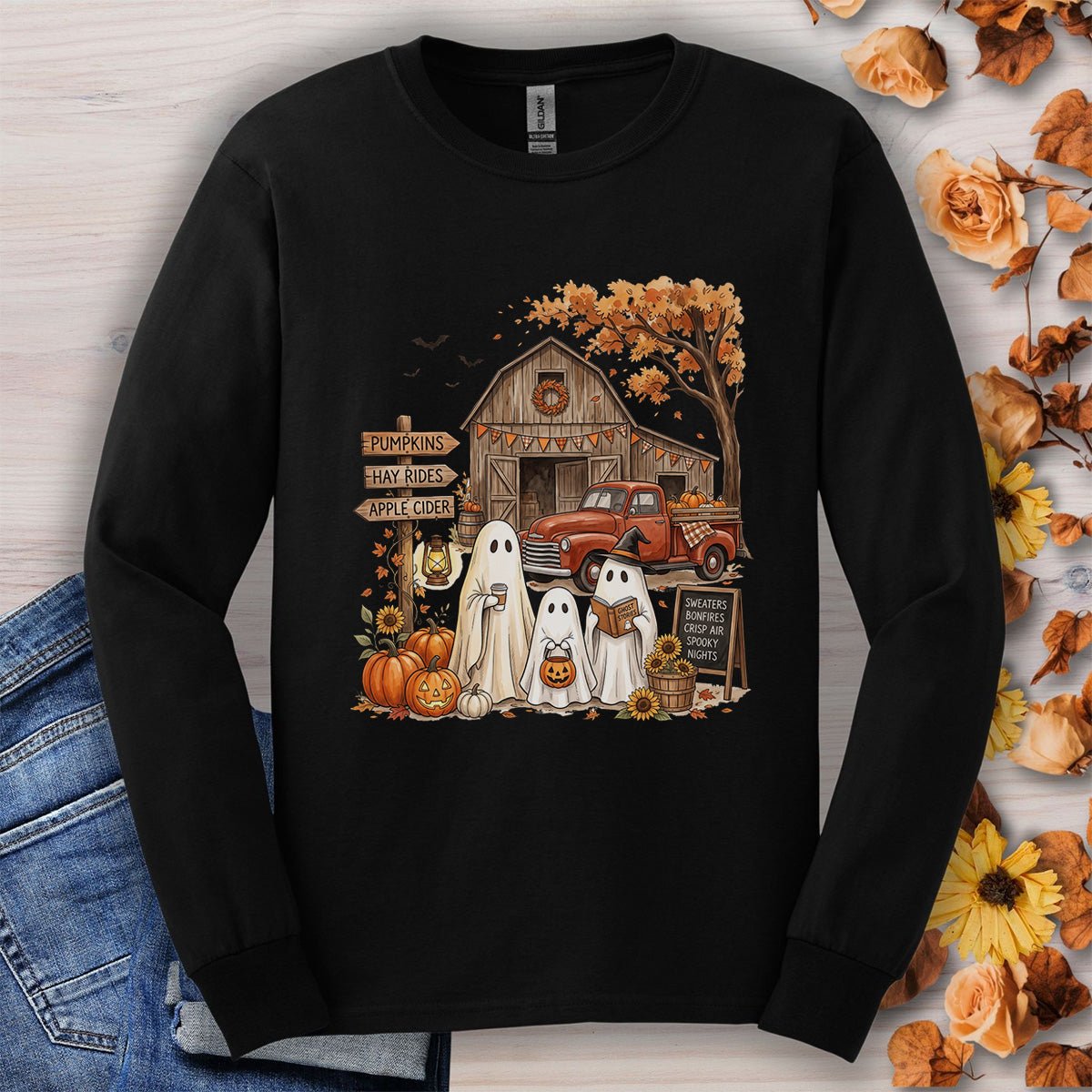 Halloween Ghosts and Pumpkin Patch Long Sleeve Tee