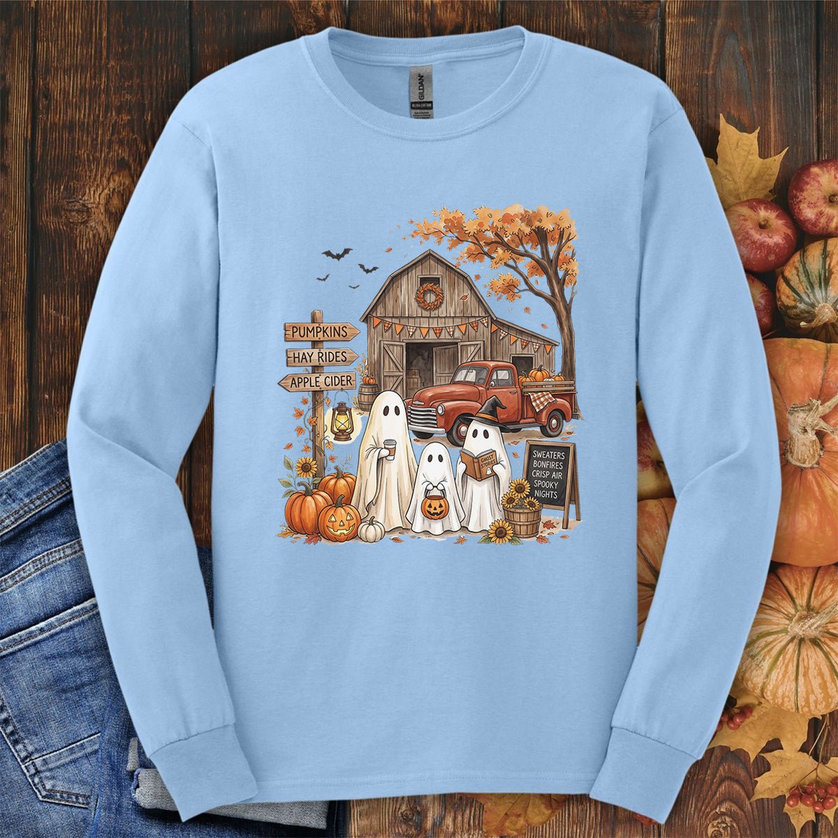 Halloween Ghosts and Pumpkin Patch Long Sleeve Tee