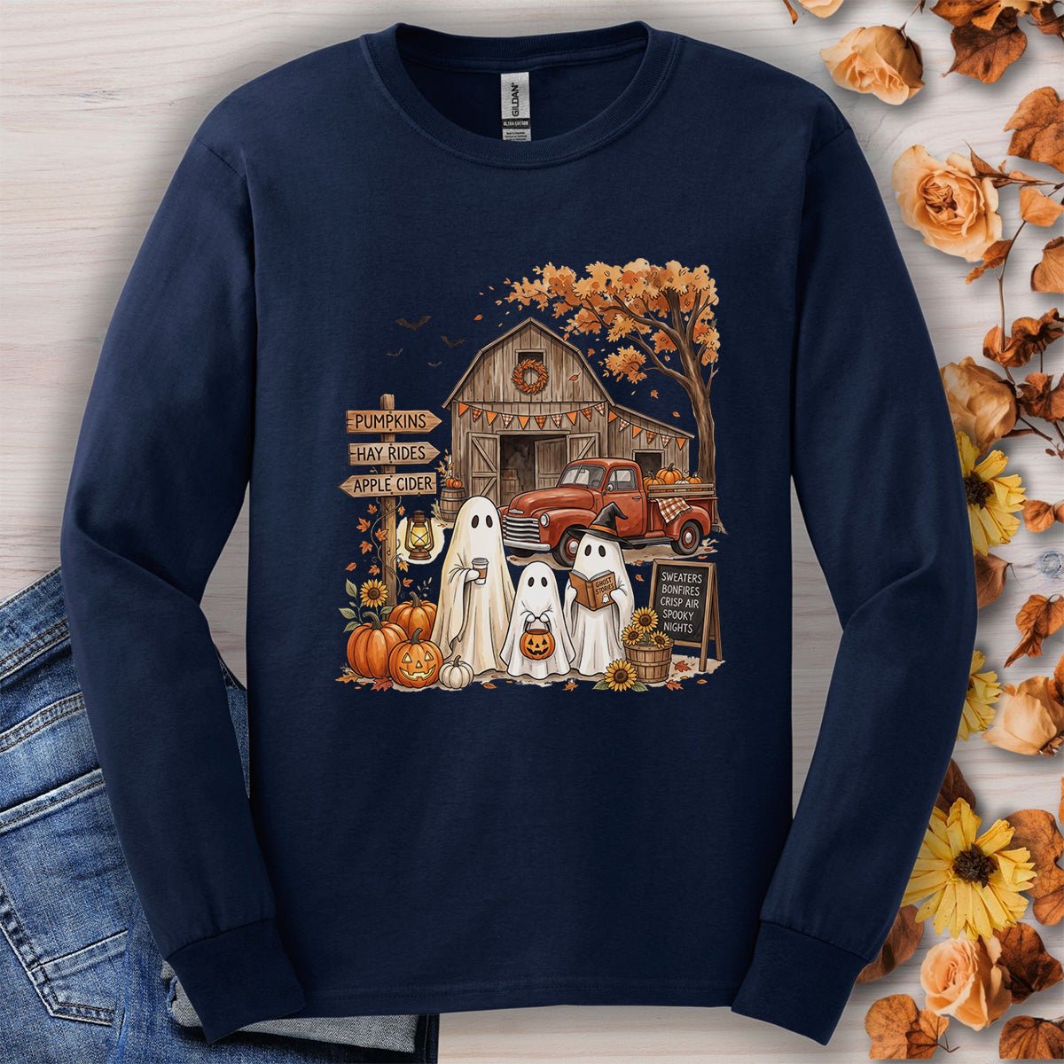 Halloween Ghosts and Pumpkin Patch Long Sleeve Tee