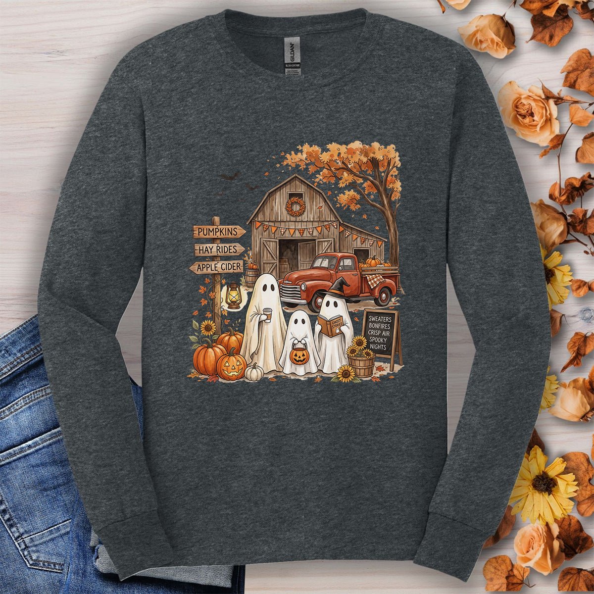 Halloween Ghosts and Pumpkin Patch Long Sleeve Tee