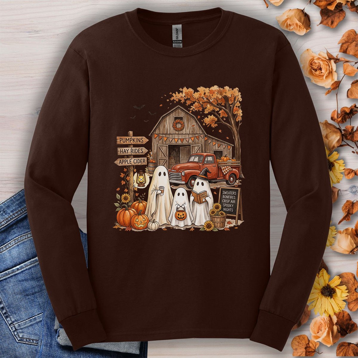Halloween Ghosts and Pumpkin Patch Long Sleeve Tee