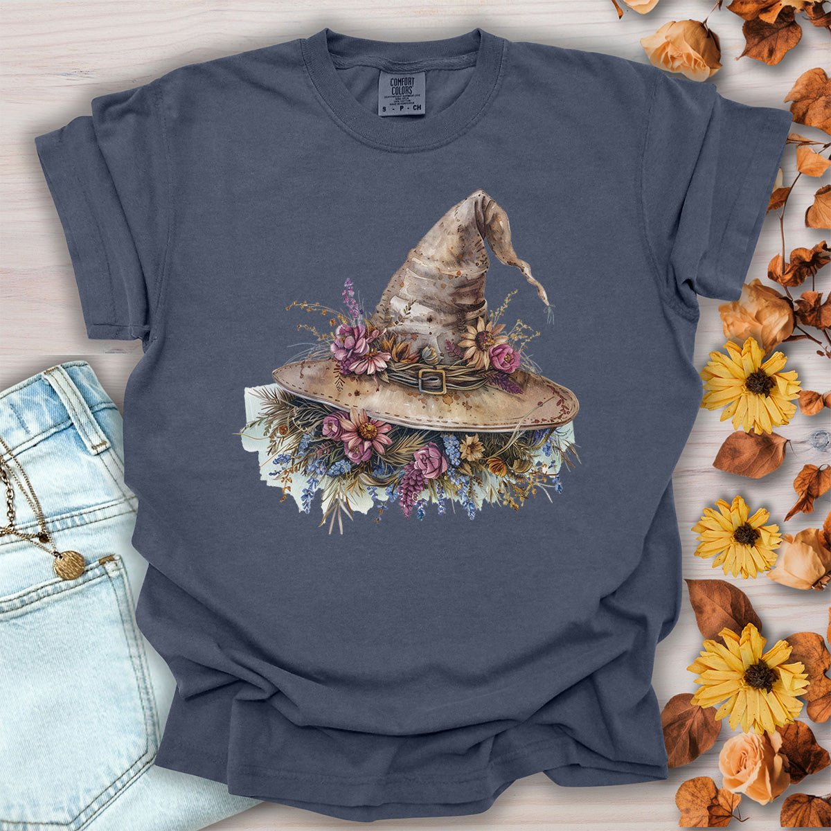 Halloween Rustic Floral Witch Hat T-Shirt