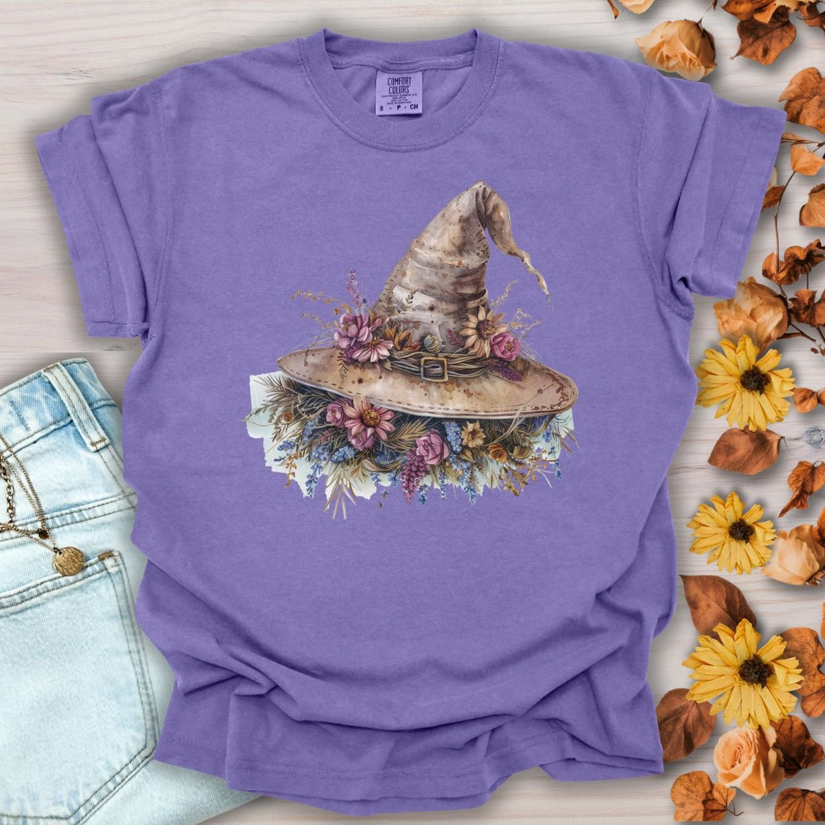 Halloween Rustic Floral Witch Hat T-Shirt