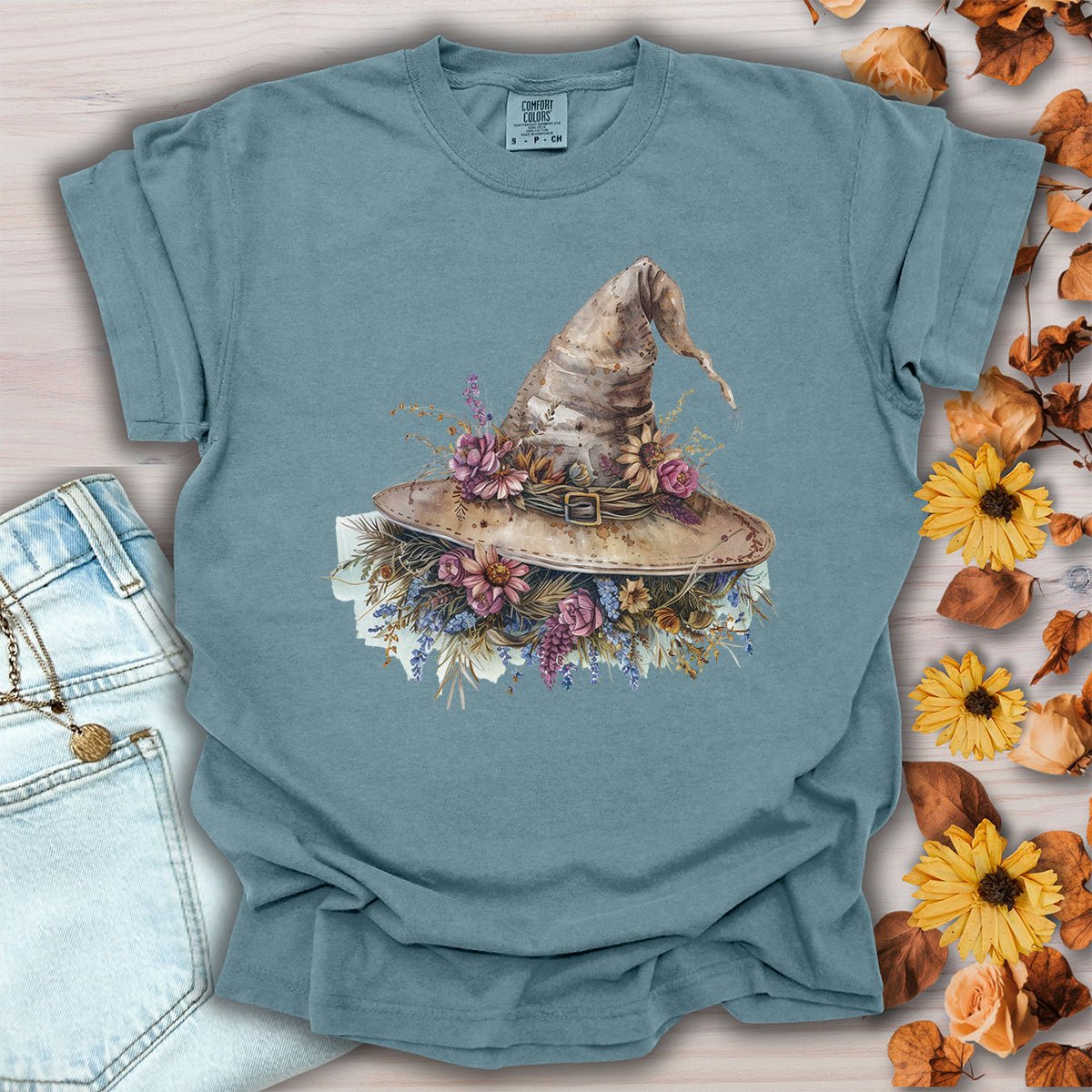 Halloween Rustic Floral Witch Hat T-Shirt