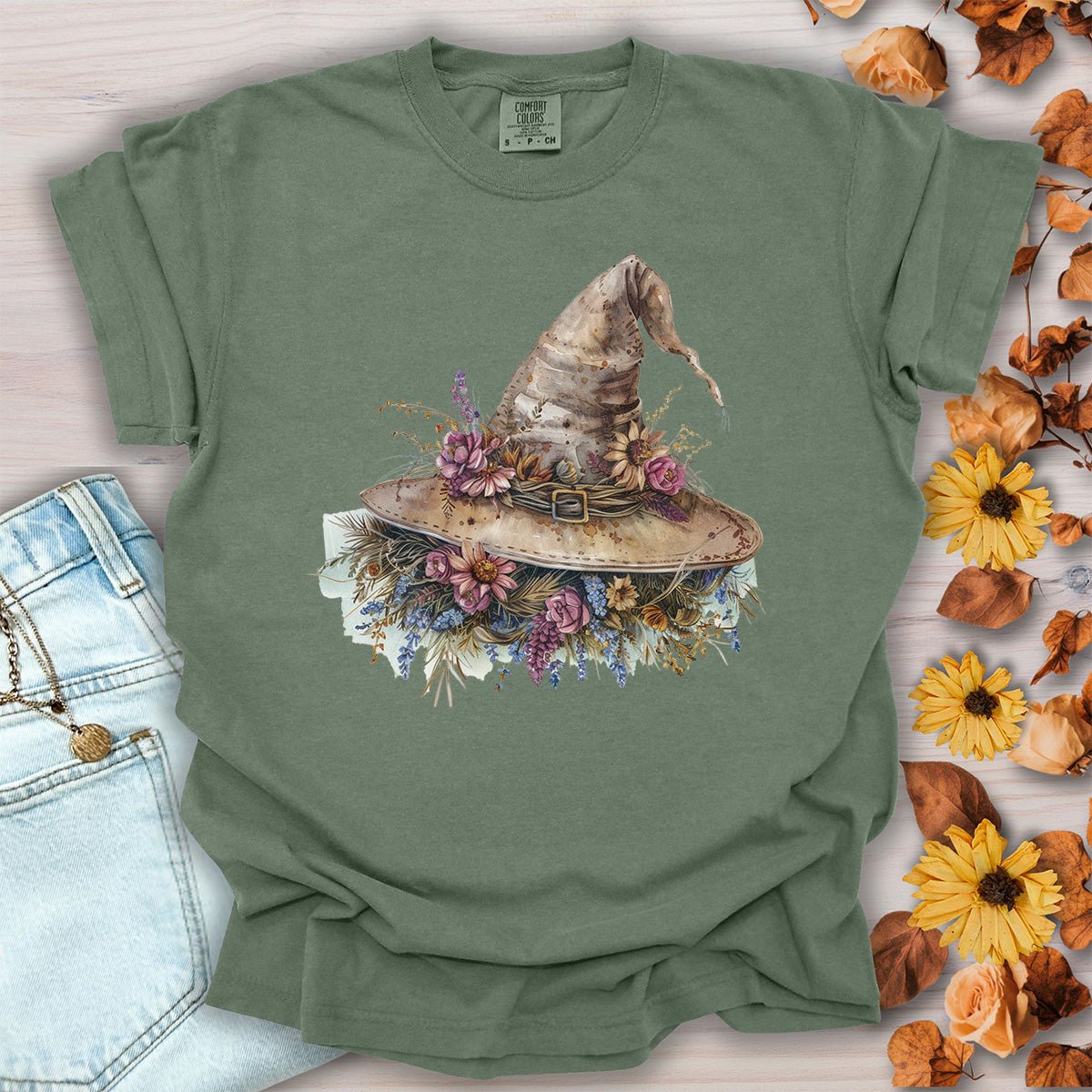 Halloween Rustic Floral Witch Hat T-Shirt