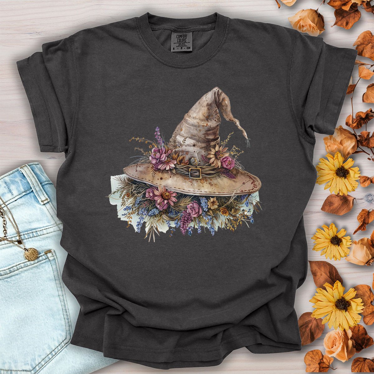 Halloween Rustic Floral Witch Hat T-Shirt
