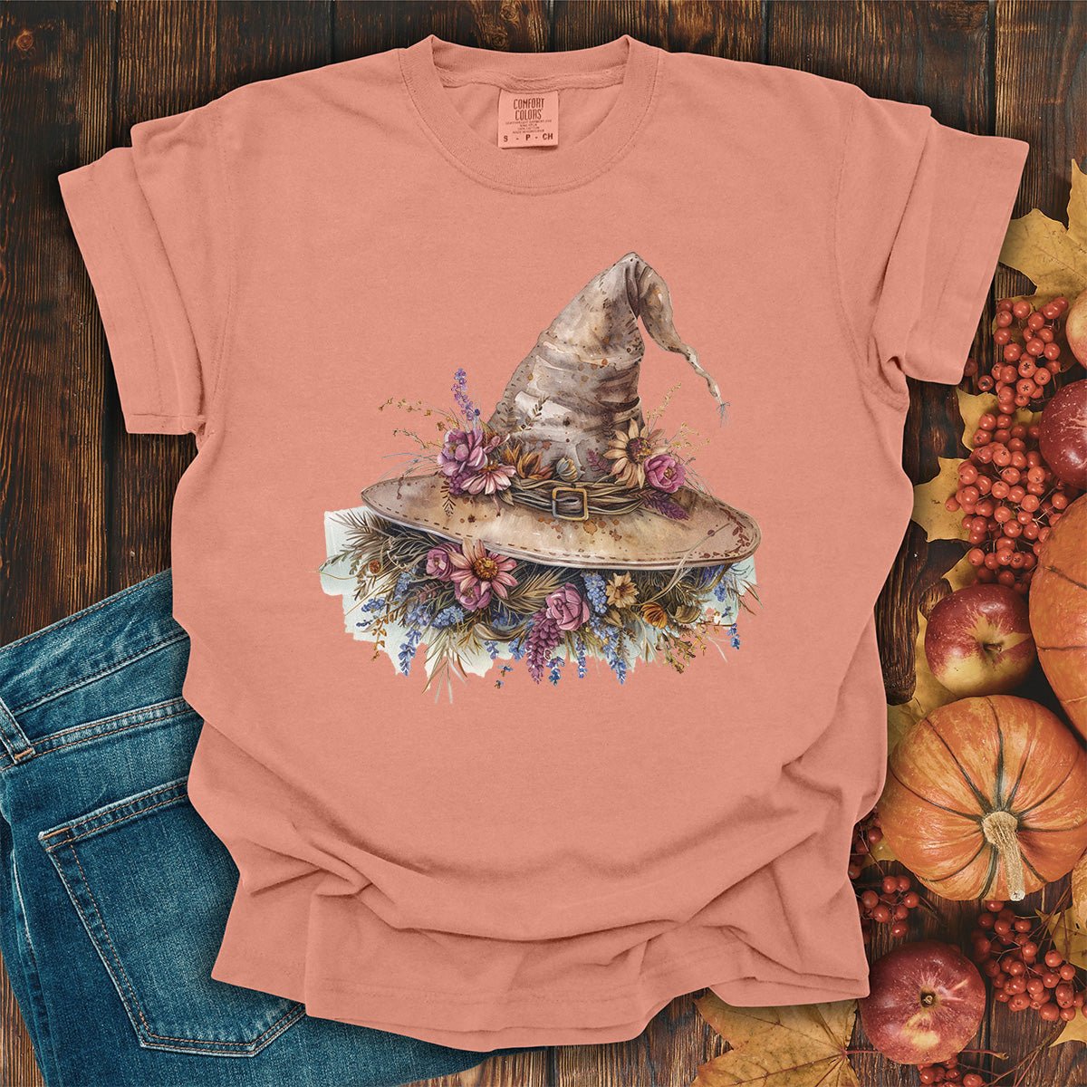 Halloween Rustic Floral Witch Hat T-Shirt