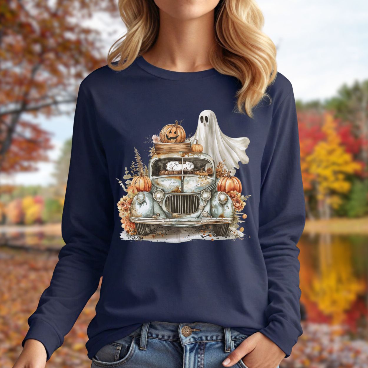 Halloween Vintage Pickup Truck & Ghost Long Sleeve Tee