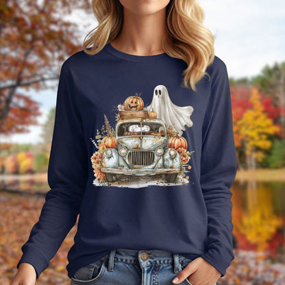 Halloween Vintage Pickup Truck & Ghost Long Sleeve Tee
