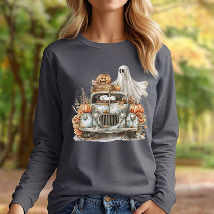 Halloween Vintage Pickup Truck & Ghost Long Sleeve Tee