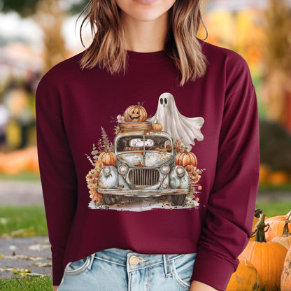 Halloween Vintage Pickup Truck & Ghost Long Sleeve Tee