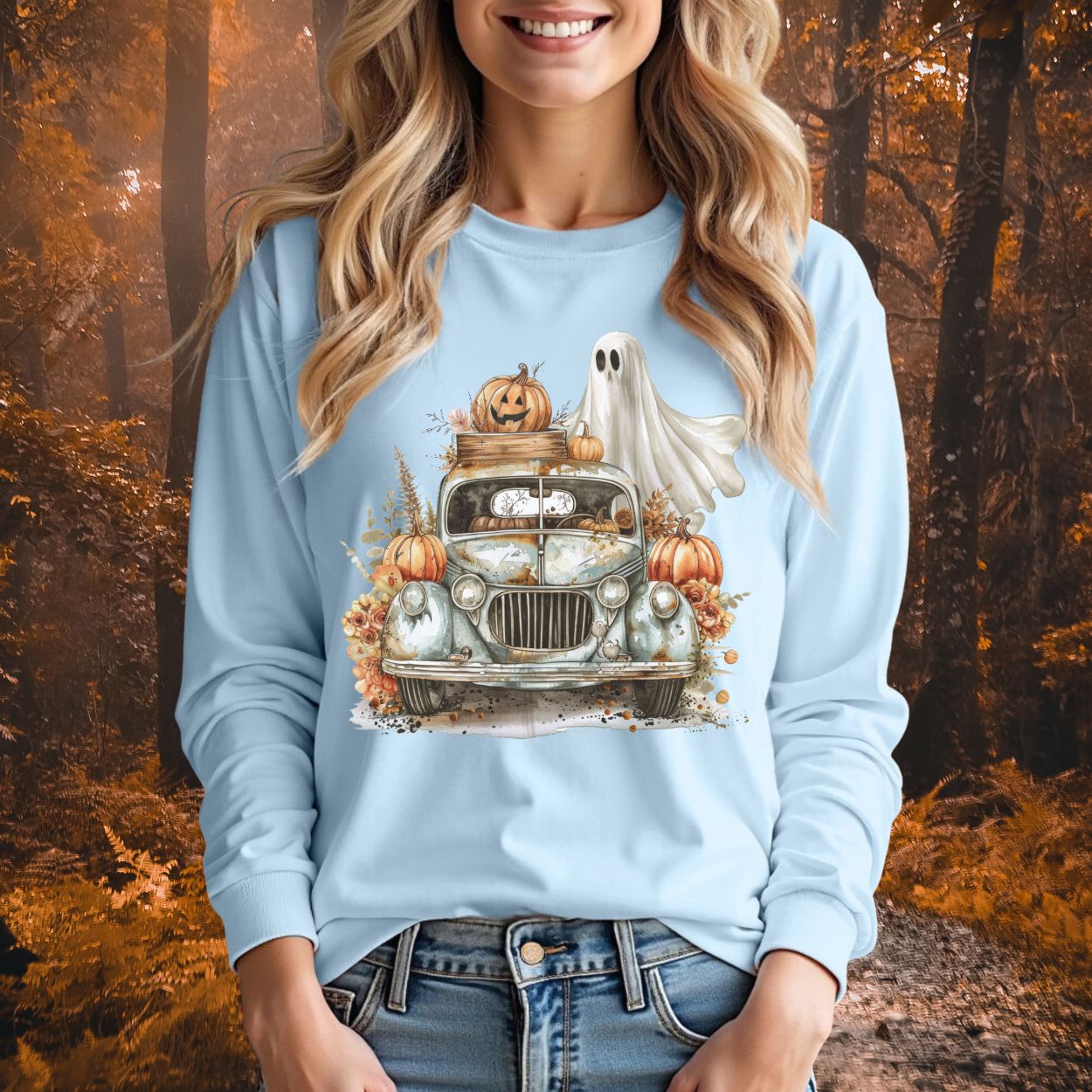 Halloween Vintage Pickup Truck & Ghost Long Sleeve Tee
