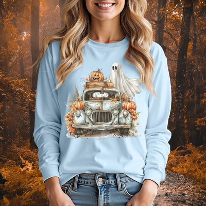 Halloween Vintage Pickup Truck & Ghost Long Sleeve Tee