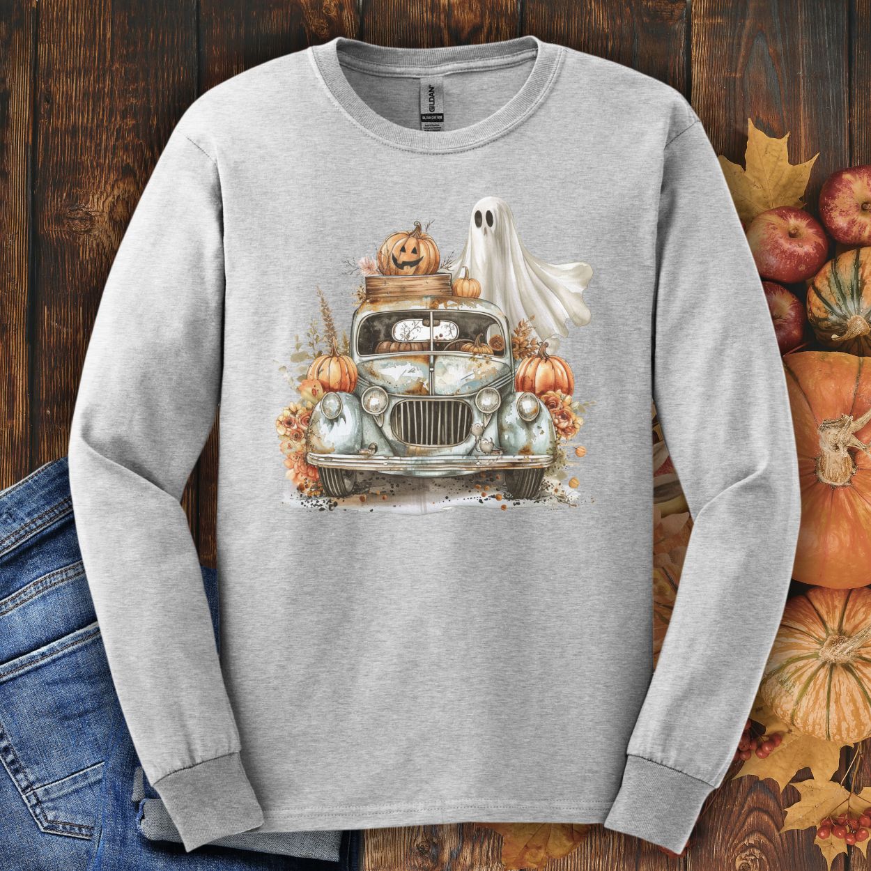 Halloween Vintage Pickup Truck & Ghost Long Sleeve Tee