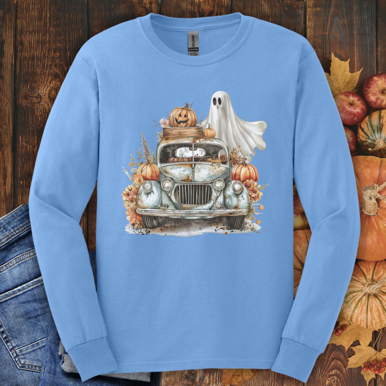 Halloween Vintage Pickup Truck & Ghost Long Sleeve Tee