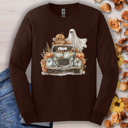 Halloween Vintage Pickup Truck & Ghost Long Sleeve Tee