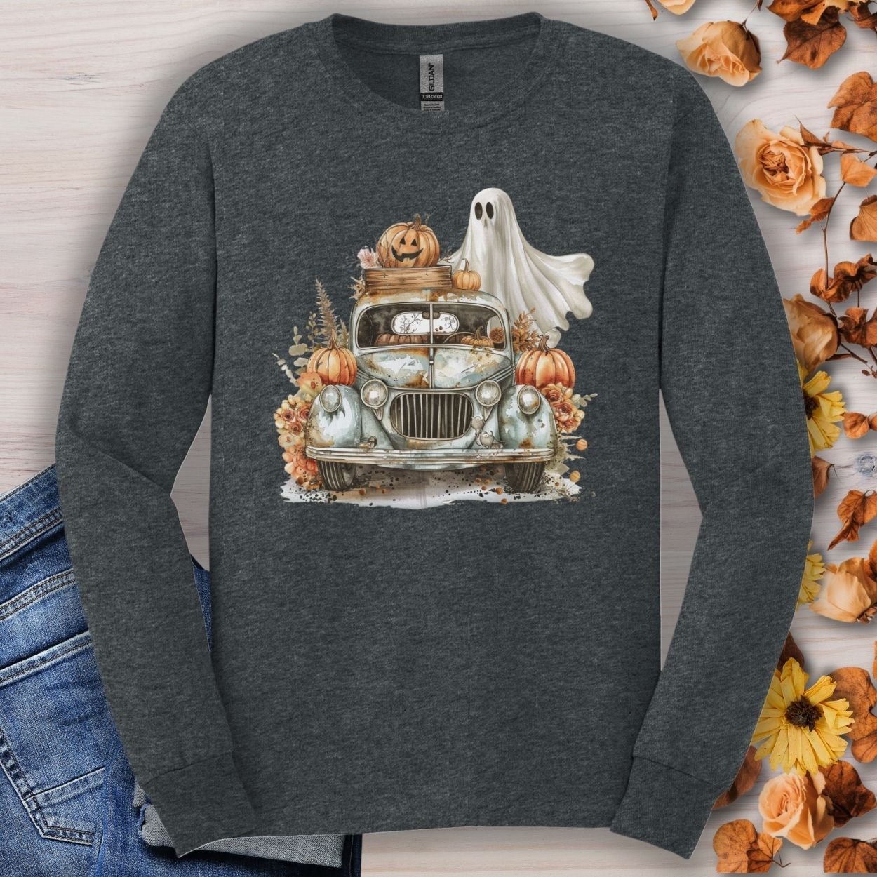 Halloween Vintage Pickup Truck & Ghost Long Sleeve Tee